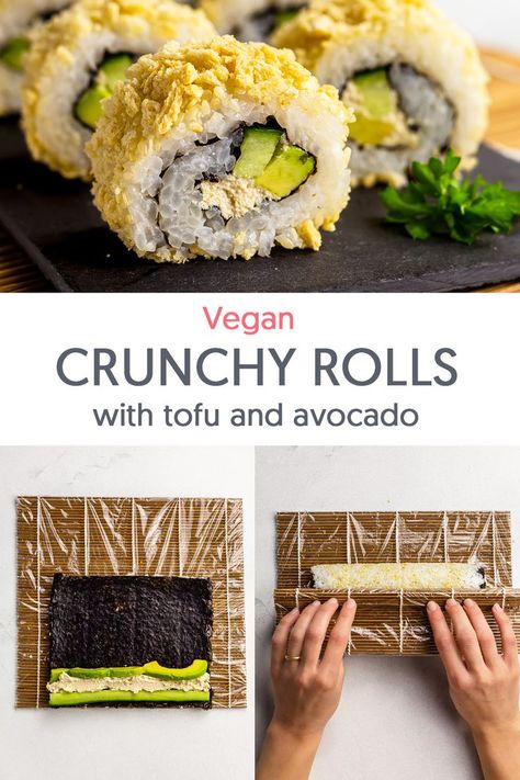 Sushi Roll Fillings, Sushi Filling Ideas Veggies, Onigiri Recipe Vegan, Vegan Sushi Ideas, Vegan Sushi Recipe, California Rolls Sushi, Crunchy Roll Sushi, Japanese Feast, Vegetarian Sushi Rolls