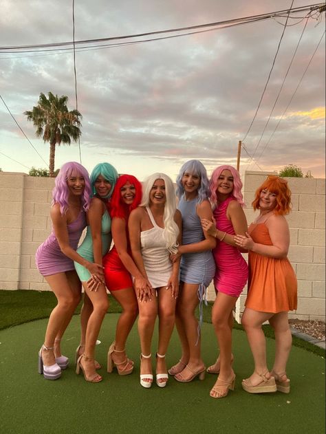 Bachelorette Colour Theme Outfits, Color Wig Bachelorette Party, Wigging Out Bachelorette Party, Colour Bachelorette Party, Colored Wig Outfit Bachelorette, Bachelorette Wigs Night, Rainbow Wig Bachelorette Party, Monochromatic Outfit Party Theme, Bachelorette Party Wig Night Outfits