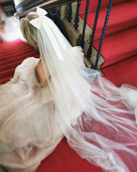 Bridal Veil With Bow, Bow Veils Bridal, Bow Vail Wedding, Wedding Hair With Bow And Veil, Wedding Veils With Bow, Wedding Vail With Bow, Long Bow Veil, Bow With Veil, Veil With A Bow