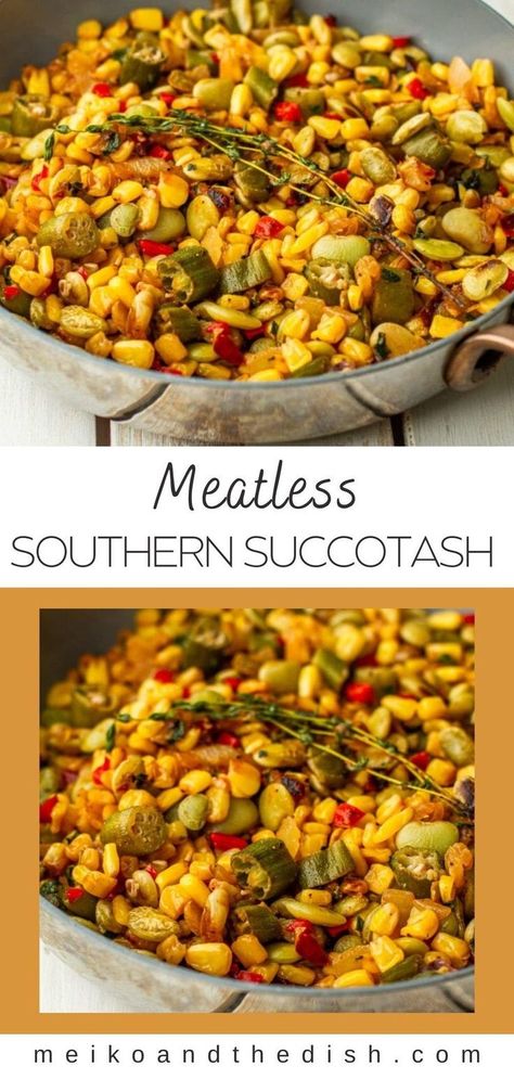 Succotash is a southern favorite side dish. This recipe features summer vegetables like sweet corn, bell peppers, lima beans and okra. This easy and affordable meatless version can be enjoyed in the summer but also throughout the year by using frozen vegetables. This southern-style succotash recipe is full of bold flavors, fresh ingredients, and buttery lima beans. Served with grilled steak kabobs or lemon pepper wings, this is the perfect summer dinner! Southern Succotash, Grilled Steak Kabobs, Lima Bean Recipes, Succotash Recipe, Edamame Recipes, Lemon Pepper Wings, Steak Kabobs, Okra Recipes, Popular Side Dishes