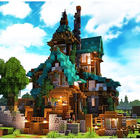 Mythical Minecraft House, Minecraft Fantasy House Blueprint, Cute Minecraft Fantasy House, Minecraft Mystical House, Fantasy Cottage Minecraft, Studio Ghibli Minecraft Builds, Witchy Minecraft House Tutorial, Minecraft Fantasy Builds Easy, Big Fantasy House Minecraft