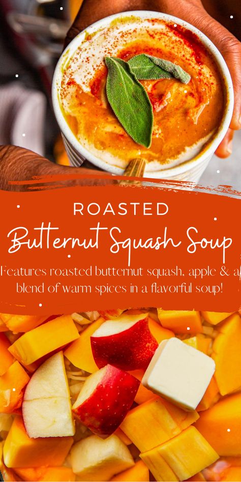 This lightened up version of Roasted Butternut Squash Soup features butternut squash, apple and a tasty blend of warm spices in a flavor packed soup! #ButternutSquash #ButternutSquashSoup #Roasted #ButternutSquash #Fall #FallRecipes #Soup #SoupRecipes #Healthy #Vegetarian Passover Recipes Dinner, Roasted Squash Soup, Butternut Squash Apple Soup, Oven Roasted Butternut Squash, Best Butternut Squash Soup, Thanksgiving Casserole Recipes, Creamy Soups, Butternut Squash Apple, Novice Chef