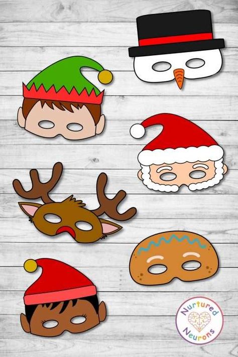 6 Printable Christmas Masks (Color And Plain Templates) - Nurtured Neurons Grinch Face Mask Template Free Printable, Christmas Masks For Kids Free Printable, Christmas Mask Ideas, Christmas Hat Printable, Christmas Masks For Kids, Diy Christmas Masks, Xmas Crafts For Kids, Christmas Spread, Christmas Mask