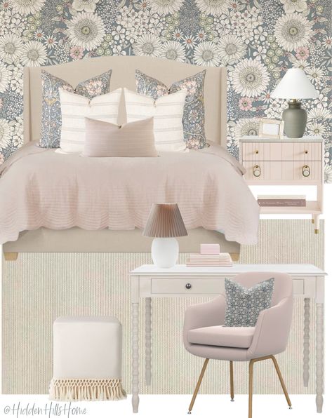 Blush Pink Upholstered Bed, Boho Flower Bedroom, Wallpaper Teenage Girl Room, Teen Girl Bedroom Mood Board, Girls Bedroom Mood Board, Toca Boca Room Ideas Modern, Modern Mansion Bedroom, Toca Boca Room Ideas, Toca Boca Room