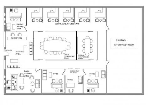 Refurbishment - Restoration Designed by Salah Oueriemmi - New Floorplan for Law Office - Odessa, US | Arcbazar Office Layout Plan Small, Advertising Office, Office Building Plans, Law Firm Office, Office Layout Plan, Law Office Design, Office Cabin Design, Office Space Planning, Office Floor Plan