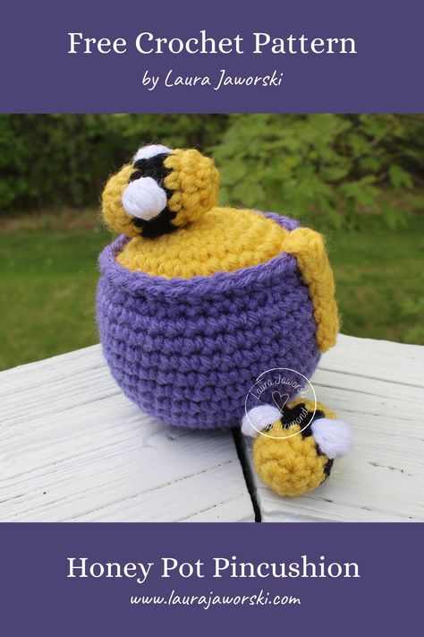 Crochet Honey Pot Free Pattern, Honey Pot Crochet Pattern, Crochet Honey Pot Applique, Crochet Hunny Pot, Winnie The Pooh Honey Pot Crochet Pattern, Crochet Sewing Pin Cushion, Honey Crochet, Crochet Stuffy, Laura Jaworski