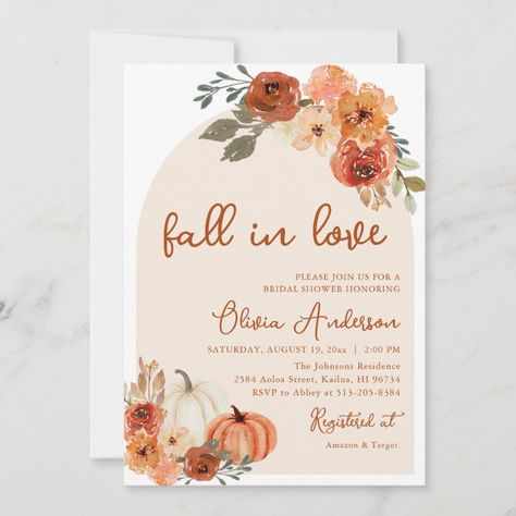 Fall in Love Rustic Pumpkin Bridal Shower Invitation  Zazzle Fall In Love Bridal Shower, Romantic Bridal Shower, Bohemian Bridal Shower, Autumn Bridal, Bridal Shower Wine, Bridal Shower Inspo, Fall Baby Shower Invites, Floral Pumpkin, Rustic Pumpkin