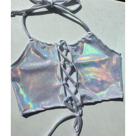 Lace Me Up Dreamscape Hologram Halter Top Holographic Halter Ravewear... (710 MXN) ❤ liked on Polyvore featuring tops, halter tops, silver, women's clothing, halter top, lace front top, tie crop top, halter crop top and hologram crop top Holographic Crop Top, Holographic Fashion, Lace Up Top, Festival Looks, Rave Wear, Couple Halloween Costumes, Lace Crop Tops, Rave Outfits, Visual Kei