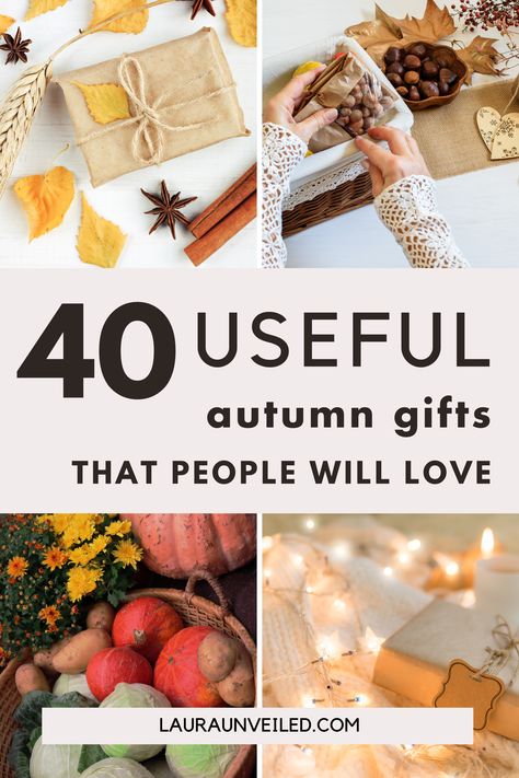 a pin that says in a large font 40 Useful Autumn Gifts that People Will Love Fall Friend Gift Ideas, Fall Bday Gift Ideas, Fall Gifts For Women, Gifts For Fall Lovers, Autumn Gifts Ideas, Fall Party Gifts, Fall Gift Basket Ideas For Friends, Fall Gifts For Neighbors, Fall Gift Exchange Ideas