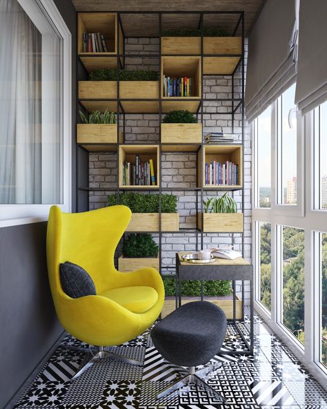 Outside on the terrace with an open view, you'll find shelving and a bright yellow chair along with bold tire work - all set against exposed brick. Exposed brick in this space as a whole has always been used as an accent, tying together all of the design elements while remaining playful with texture. Klein Balkon Decor, Balcony Design Ideas, Interior Design Per La Casa, Small Balcony Design, Small Balcony Decor, Apartment Balcony Decorating, Design Del Prodotto, Balcony Design, Balcony Decor