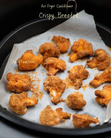 Crispy air fryer cauliflower using Panko breadcrumbs Air Fry Cauliflower, Fry Cauliflower, Breaded Cauliflower, Deep Fried Cauliflower, Daily Yum, Brown Cheese, Air Fryer Cauliflower, Cauliflower Bread, Chick Fil A Sauce