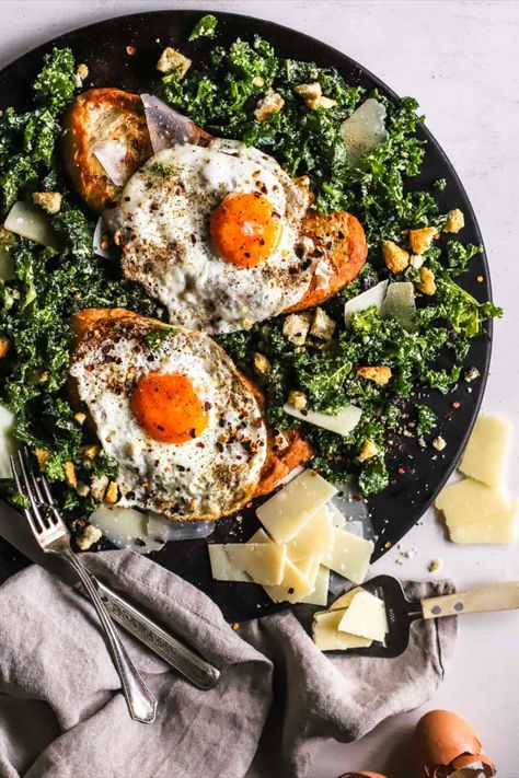 Pancakes No Buttermilk, Fried Egg Toast, Kale Dishes, Fried Egg On Toast, Egg On Toast, Kale Recipe, Sourdough Toast, Chopped Kale, Kale Caesar