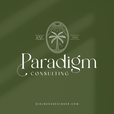 Kira from Paradigm Consulting was craving a fresh new look with her branding! For her brand vibe we went with a Vintage Chic look – combining a slightly retro color palette with luxe, sophisticated shadow and cocktail imagery. We brought in palm tree elements to give it a boho beachy touch. The color palette included green, pops of orange, and neutrals and black which balance out the brighter colors and enhances the feeling of professionalism, sophistication and timelessness. See more here... Palm Tree Color Palette, Retreat Logo Design, Hairdresser Website, Boho Chic Color Palette, Tropical Branding, Chic Logo Design, Logo Design Graphics, Vintage Palm Tree, Logo Tree