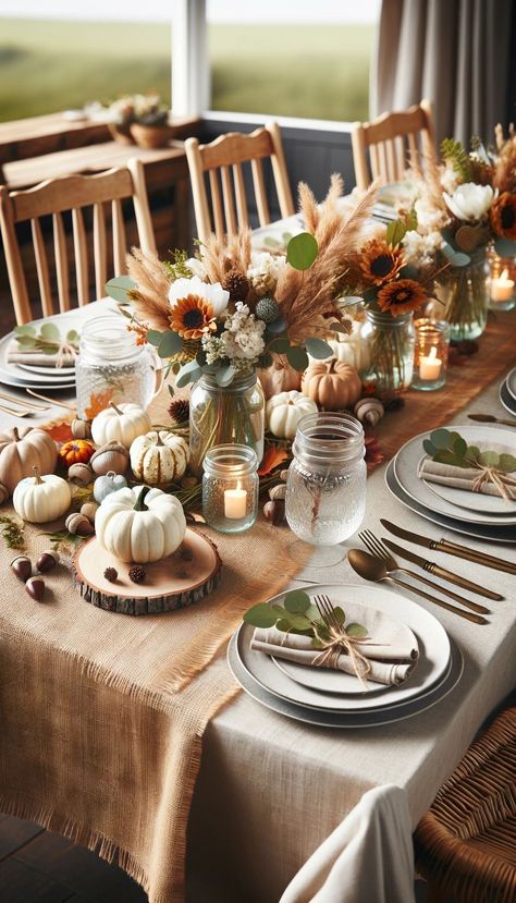 Fall Themed Party Table Decor, Fall Banquet Table Centerpieces, Bronze Cutlery, Fall Table Decor Ideas, Thanksgiving Table Setup, Autumn Neutrals, Thanksgiving Dinner Table Setting, Autumn Gathering, Fall Dining Table Decor