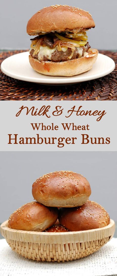 Whole Wheat Hamburger Bun Recipe, Whole Wheat Burger Buns, Whole Wheat Hamburger Buns, Hamburger Buns Recipe, Homemade Burger Buns, Burger Bread, Burger Buns Recipe, Hamburger Bun Recipe, Baking Breads