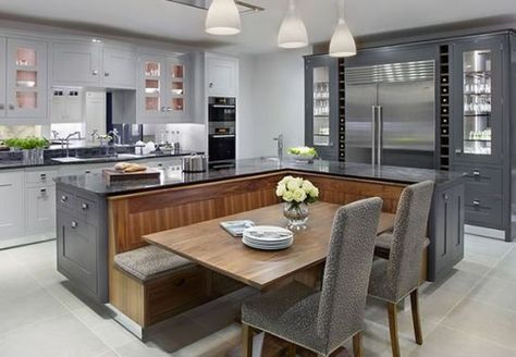 beautiful kitchen with black and wood design Table Island, Bench Dining, Kitchen Island Bench, Island Table, Kitchen Seating, Island Bench, Kitchen Island With Seating, Island With Seating, Kitchen Extension