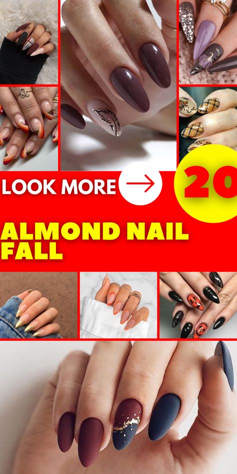 For those who love a mix of trendy and classy, our almond nail fall designs feature colors art designs that will turn heads wherever you go.Discover the beauty of almond nail fall designs. From the dark elegance of autumn hues to the simplicity of natural colors, there's something for every taste. Medium Almond Nails Designs Fall, September Nails 2024 Almond, Almond Nails Fall Design, Fall Nail Designs Autumn Classy Almond, Almond Nails Fall 2024, Fall Nails 2023 Almond, Almond Shape Nail Art, Nail Fall Designs, Nail Fall Ideas