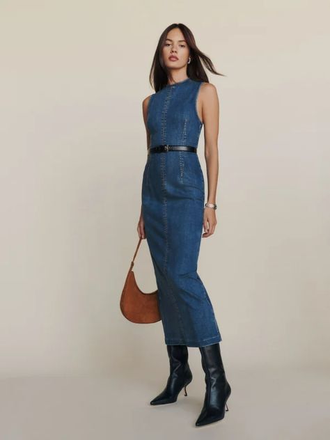 Sustainable Denim, Column Skirt, Denim Midi Dress, Stretch Denim Fabric, School Aesthetic, Denim Trends, Law School, Midi Dress Sleeveless, Style Outfits