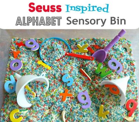 Alphabet Sensory Bin, Sensory Center, Dr Seuss Preschool Activities, Sensory Play Activities, Dr Seuss Preschool, Prek Activities, March Ideas, Preschool Sensory, Dr Seuss Activities