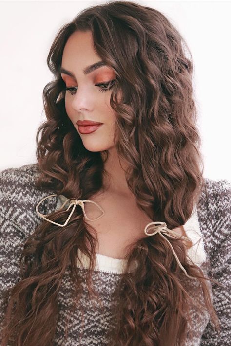 Hairstyle For Long Curly Hair, Summer Curly Hairstyles, Big Brows, Low Pigtails, Jackie Wyers, Ribbon Curls, Light Curls, Messy Curls, Hair To One Side