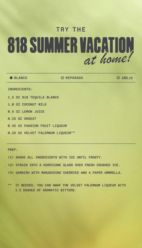 818 Tequila Recipe, 818 Tequila Party, 1942 Tequila, 818 Tequila, Tea Board, Tequila Recipe, Aromatic Bitters, Paper Umbrellas, Cocktail Menu