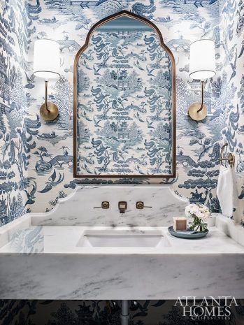 Dining Room Wall Color, Wallpaper Powder Room, Atlanta Homes And Lifestyles, Powder Room Wallpaper, Blue And White Wallpaper, Patterned Wallpaper, Powder Room Decor, Powder Room Design, Atlanta Homes