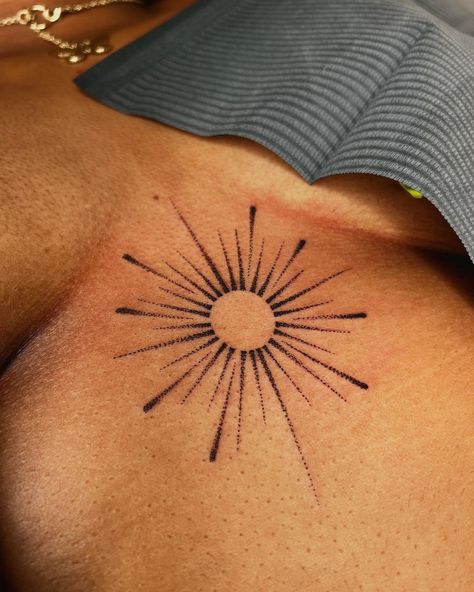 Dotwork sun for Sandra ☀️ #dotworktattoo #simpletattoo #sternum #suntattoo #poctattoo #poctattooer #femaletattooartist #tattooideas… | Instagram Upper Shoulder Tattoos, Zodiac Tattoos For Women, Keys Tattoo, Blatt Tattoos, Tattoo Main, Tattoo Spine, Earthy Tattoos, Sun Tattoo Designs, Tattoo Ideas Unique