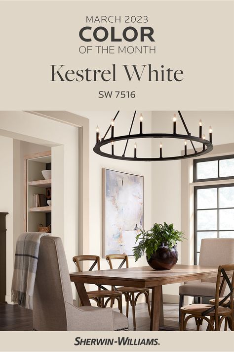 Welcoming, open, and warm, Kestrel White SW 7516 from Sherwin-Williams is a warm neutral rooted in modern traditional style. Tap this pin to order a peel & stick sample of our March Color of the Month, and we'll mail it right to your door. #SWColoroftheYear #sherwinwilliams #color #inspiration #colorinspiration #paint #decor #interiordesign #paintinspiration Sw Kestrel White, Sherwin Williams Kestrel White, Kestrel White Sherwin Williams, Kestrel White, Indoor Paint Colors, Modern Cottage Homes, March Colors, Modern Traditional Style, Paint Decor