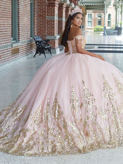 Receive lots of compliments in this bead embellished long off the shoulder dress with A-line skirt by House of Wu 26044. Sweetheart neckline has butterfly detailing chain on the off-the-shoulder sleeves, fully rhinestone beaded bodice, and shimmer glitter tulle ball gown skirt with sequin lace appliqués. Has a lace-up back and train. House of Wu Quinceanera Collection Spring 2023 Style Number: 26044 Fabric: Tulle/Sequin Lace Appliques/Beaded Embellishments Please note: There may be a loss of gli