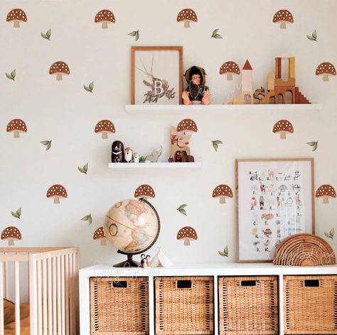 Boho Mushroom Nursery, Forest Mushroom Nursery, Forest Creature Nursery, Acrylic Painting Nursery, Trending Nursery Themes, Mushroom Nursery Ideas, Mushroom Kids Room, Woodland Mushroom Nursery, Woodland Toddler Room Girl