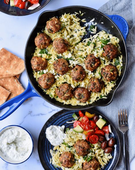 Greek Turkey Meatballs With Lemon Feta Orzo - Mediterranean Savor Lemon Feta Orzo, Feta Orzo, Moist Meatballs, Mediterranean Meatballs, Greek Turkey Meatballs, Greek Turkey, Greek Meatballs, Tzatziki Sauce, Creamy Spinach