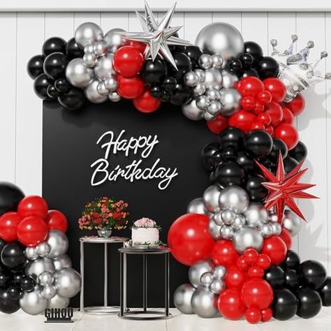 Red Black And White Sweet 16, Black And Silver Bday Decor, Red And Black Themed Birthday Party, Red Black And White Party, Red And Black Birthday Decorations, Red And Black Birthday Theme, Red Birthday Party Decorations, Birthday Party Decorations Red, Black And Red Birthday