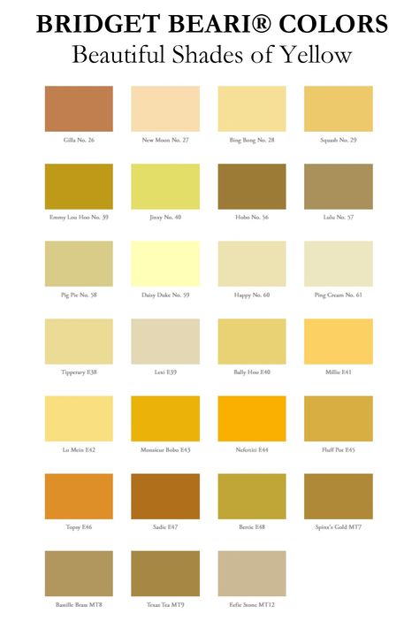 Yellow is a fresh and cheerful color Bridget Beari® Yellow Paint Colors embody only the most beautiful shades of this uplifting hue. Yellowish Beige Paint, Cream Paint Colors, Yellow Color Combinations, Yellow Paint Colors, Color Tips, Deck Colors, Olive Undertones, Deck Paint, Shade Card