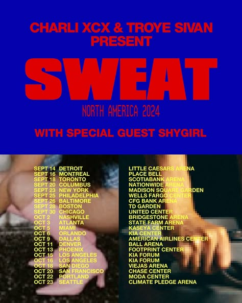 Charli | 1 MONTH TIL SWEAT - WWW.SWEAT-TOUR.COM | Instagram Fangirl Posters, Dj Poster, Nike Ad, American Airlines Center, Wells Fargo Center, Posters To Print, Gfx Design, Color Pairs, Dorm Art