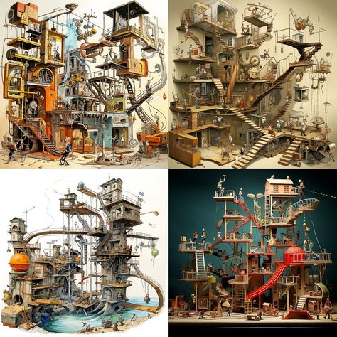 Rube Goldberg Midjourney style | Stable diffusion |  AI art Absurd Architecture, Goldberg Machine, Exhibit Ideas, Rube Goldberg, Rube Goldberg Machine, Nostalgic Aesthetic, Line Artwork, Deep Art, The Mundane