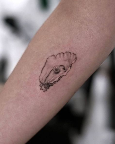 Micro-realistic oyster tattoo located on the inner Lost At Sea Tattoo, Pearl And Oyster Tattoo, Shell Hand Tattoo, Oysters Tattoo, Food Tattoo Sleeve, Small Oyster Tattoo, Pearl Clam Tattoo, Oyster Tattoos, Shell Pearl Tattoo