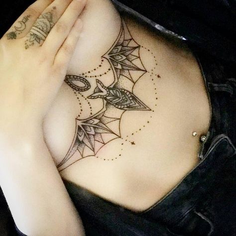 #tattoo #tattoos #underboob #bat #battattoo #gothic #gothictattoo #beautiful #beautifultattoo #mandala #mandlatattoo #batunderboob Bat Sternum Tattoo Women, Gothic Sternum Tattoo Women, Gothic Mandala Tattoo, Breast Tattoos For Women Chest Piece, Bat Chest Tattoo Female, Spiderweb Underboob Tattoo, Sternum Bat Tattoo, Witchy Underboob Tattoo, Gothic Underboob Tattoo