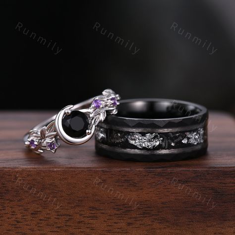 Here we have a Round cut Black Onyx Couples Ring Set Silver Unique Moon Engagement Ring Mens Meteorite Tungsten Ring His and Hers Wedding Band Promise Ring ITEM DESCRIPTION ✦ Handmade, high-quality item! ✦ Material: Sterling Silver/Tungsten ►Sold as a two-piece set ►His ring is Black Gold Tungsten Carbide with meteorite and silver foil inlay. ►His band width: 8mm ►His tungsten ring will not turn green itself and will not cause your skin to turn green.  ✦ Durable - Incredibly Scratch-Resistant to Boys Promise Rings, Black And White Wedding Rings, Silver And Black Wedding Ring, Mens Gothic Wedding Rings, Men Engagement Ring Silver, Black Wedding Rings Sets Couple, Couple Rings Gold Engagement Unique, Dark Wedding Rings, Couples Engagement Rings