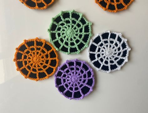 Halloween coaster / Spider web coaster / Spooky home decor / Crochet coaster Handmade crochet coasters perfect addition to any home! Crocheted with 100% acrylic yarn. The handmade design may result in variations in appearance and size. Approximately 4 - 4,5 inches Item ready to ship. Hand wash with cold water. If you have any questions don't hesitate to contact. ❤️❤️❤️ This spooky coasters done by me with happiness and joy. It will bring the same feelings into your living or working space! Thank Crochet Car Coasters Halloween, Crochet Spiral Coaster, Fall Crochet Coasters, Halloween Crochet Coasters, Crochet Halloween Coasters, Halloween Coasters Crochet, Crochet Halloween Decor, Spooky Coasters, Crochet Car Coasters