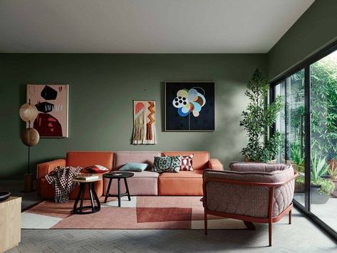 New Interior Design Trends 2022 for Various Premises - New Decor Trends Terracotta Living Room, Green Sofa Living, Sage Green Living Room, Green Sofa Living Room, Green Painted Walls, Living Room Color Schemes, New Interior Design, Room Color Schemes, Living Room Green