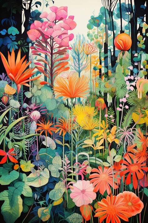 BOTANICAL VIBRANCE Colorful Abstract Garden Digital Wall Art Instant Download - Etsy Botanical Landscape, Plant Illustrations, Canvas Art Painting Acrylic, Art Hippie, Art Fantaisiste, Vibrant Wall Art, Illustration Botanique, Garden Artwork, Art Carte