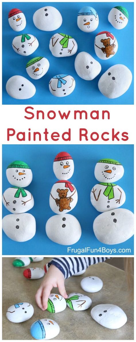 School Age Winter Crafts, Winter Crafts For Older Kids, Snowman Painting For Kids, Snowman Painted Rocks, Rock Snowmen, Christmas Crafts For Older Kids, Christmas Painted Rocks Ideas, Winter Rock Painting, Winter Rock Painting Ideas