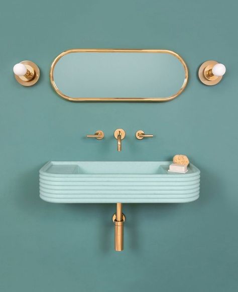 9 Colorful Bathroom Sink Ideas That Put Traditional White Basins to Shame | Hunker Cement Sink, Cabinets Design, Wall Mounted Taps, Trough Sink, Wall Mounted Sink, Concrete Basin, Basin Design, Bad Inspiration, Curved Walls