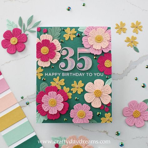 Spellbinders—More Club Blooms Birthday Cards! — crafty daydreams Spellbinders Club Blooms, Sizzix Cards, Flower Dies, Two Birthday, Spellbinders Dies, 3 Kings, Stitch Cards, Cards Flowers, Purple Cards