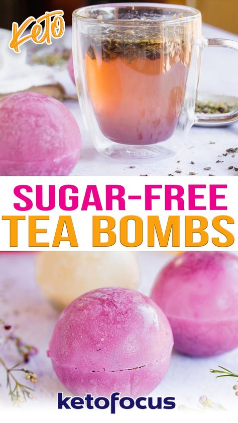 These sugar free tea bombs will bring your favorite beverage to the next level without using isomalt crystals. They are crafted using loose or bagged tea encased in a decorative hard candy shell. As your drop the tea bomb in hot water, the sugar free shell melts, exploding the tea out into your mug. Be sure to give this recipe a try if you are looking for a fun twist on typical tea beverages. | @ketofocus #howtomaketeabombs #ketorecipes #ketodrinks Tea Bombshell, Tea Bombshell Recipe, Bomb Drinks, Tea Drops, Tea Drink Recipes, Tea Beverages, Homemade Tea, Bombe Recipe, Chocolate Bomb