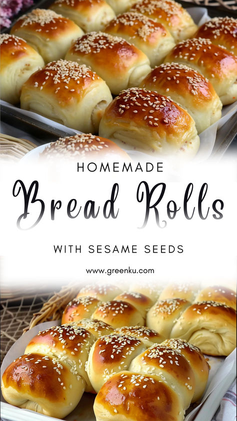 Homemade Bread Rolls with Sesame Seeds Recipe Ingredients: Warm water: 100 ml Warm milk: 200 ml 1 large egg Sugar: 1 tablespoon Yeast: 1 tablespoon Wheat flour: 450-500 grams (adjust as needed to achieve the right dough consistency) Salt: 1 teaspoon Butter: 55 grams, softened Vegetable oil: 2 tablespoons (plus extra for greasing) Sesame seeds: for topping Fluffy Homemade Bread, Homemade Bread Rolls, Sesame Seeds Recipes, Sourdough Rolls, Freshly Baked Bread, Food Bread, Sesame Seed, 15 Minute Meals, Baked Bread