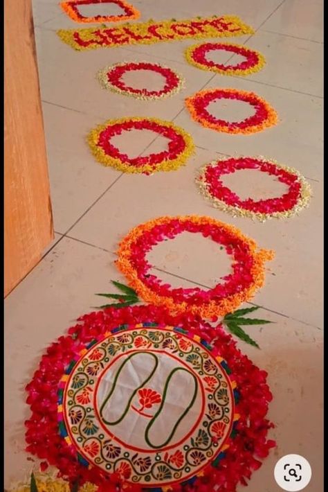 Welcome Home Decoration Flower Rangoli For Ganpati, Decoration For Kankupagla, Bridal Welcome Ideas At Home, Kunku Pagla Decoration, Tapasvi Decoration At Home, Kaku Pagala Decoration, Welcome Decoration With Flowers, Welcome Bride Decoration Ideas At Home, Baby Welcome Flower Decoration