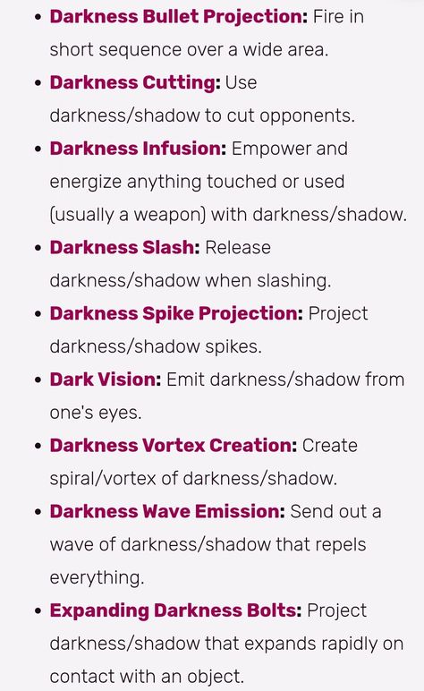 Dark Magic Powers Ideas, Villain Power Ideas, List Of Powers And Abilities Mind, Superpower Ideas Character Inspiration, Umbrakinesis Power, Dark Powers List, Types Of Powers And Abilities, Umbrakinesis Aesthetic, Superpowers Ideas Art