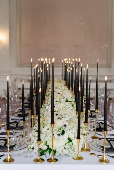 45 Black and White Wedding Décor Ideas Black Taper Candles, Boathouse Wedding, White Wedding Decorations, Tall Wedding Centerpieces, Gold Candle Holders, Tall Centerpieces, Belle Isle, Gold Candles, Black And White Decor