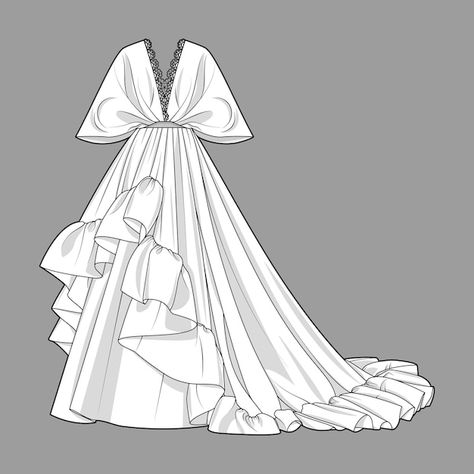 Victorian Fashion Design, Maxi Dress Flat Sketch, Gown Flat Sketch, Flat Sketches Dress, Dress Flat Drawing, Collar Illustration, Frill Gown, Dress Layout, Ipad Sketches